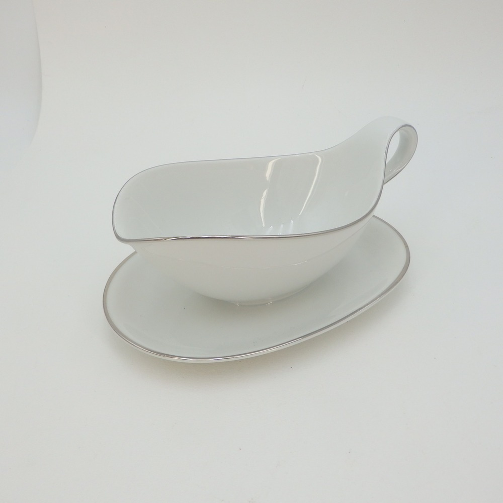 Crown Bavaria Germany Elegance White Silver Trim Porcelain Gravy Boat with Tray